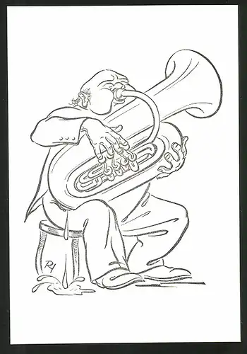 Künstler-AK Karikatur, Musikant spielt Tuba und schwitzt dabei stark