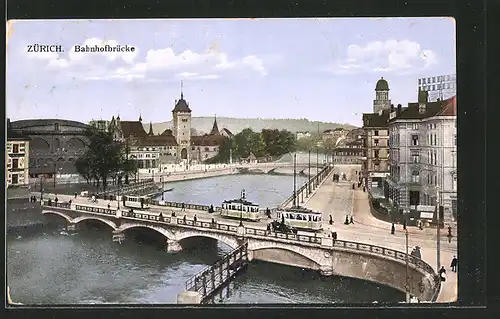 AK Zürich, Strassenbahnen auf der Bahnhofbrücke