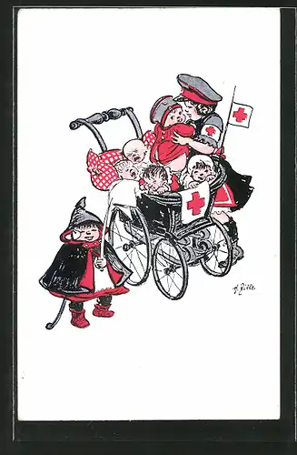 Künstler-AK Heinrich Zille: Helferin vom Roten Kreuz kümmert sich um Kinder, Kleiner Junge mit Degen