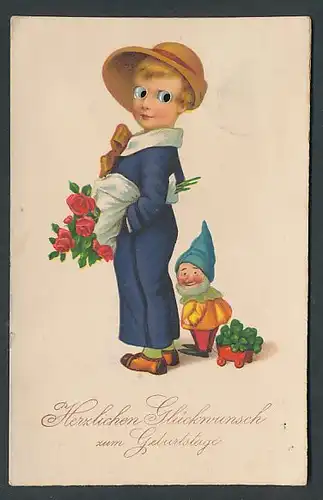 Glasaugen-AK Kind mit einem Rosenstrauss, Zwerg mit einem Wagen voller Kleeblätter, Geburtstag