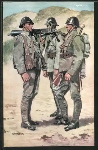 Künstler-AK niederländische Infanterie, Soldaten mit Maschinengewehr