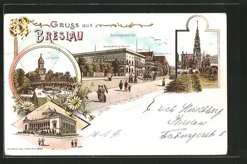 Lithographie Breslau, Schweidnitzerstrasse mit Gouvernementsgebäude u. Stadttheater, Siegesdenkmal, Museum