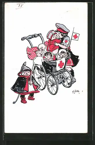 Künstler-AK Heinrich Zille: Mädchen mit Rotes Kreuz-Armbinde kümmert sich um kleine Kinder