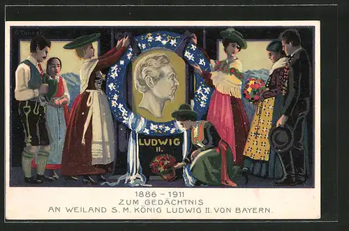 Künstler-AK Zum Gedächtnis an Weiland S. M. König Ludwig II. von Bayern, 1886 - 1911