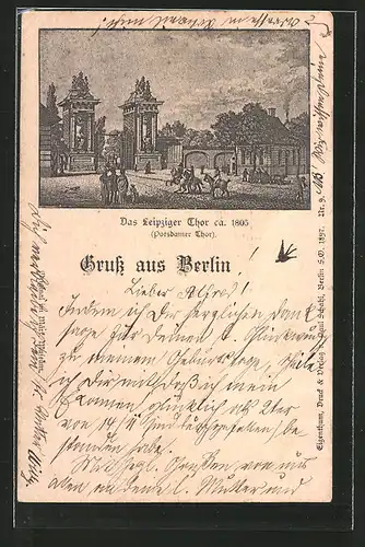 AK Berlin-Tiergarten, Leipziger Thor um das Jahr 1805