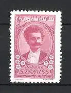 Reklamemarke Portrait Johann Strauss, Notenzeile, rot