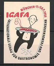Reklamemarke München, IGAFA Int. Schau für Gastronomie & Fremdenverkehr 1954, Kellner serviert Delikatesse