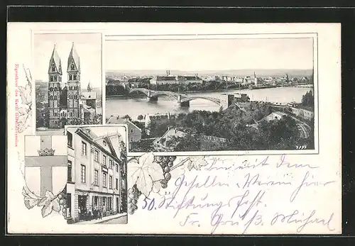AK Koblenz, Kirche, Ortsansicht mit Brücke, Geschäft, Wappen