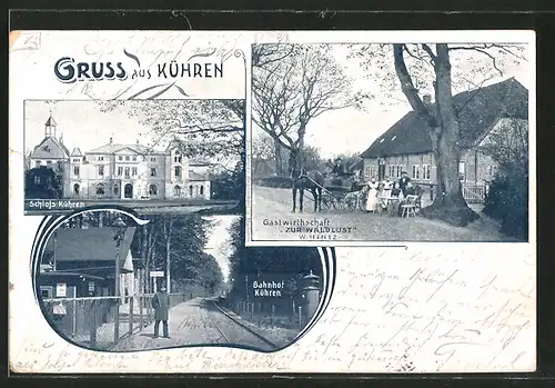 AK Kühren, Gasthaus zur Waldlust v. W. Hintz, Bahnhof, Schloss Kühren