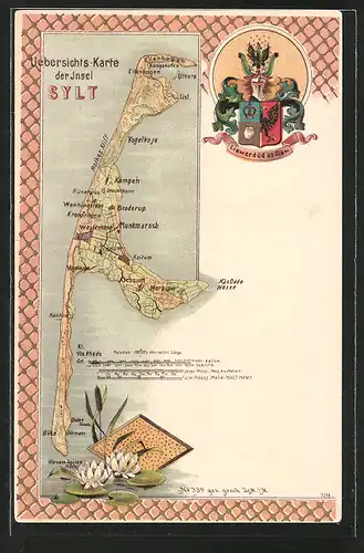 Lithographie Westerland, Landkarte der Ortschaft mit Umgebung auf der Insel Sylt, Wappen