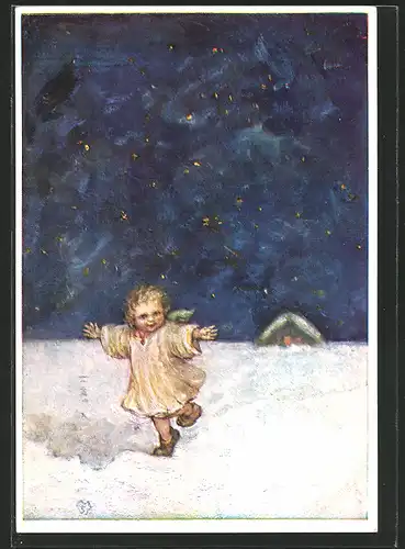 Künstler-AK Maria Spötl: Kleinkind läuft nachts durch den Schnee, in der Ferne ein Haus