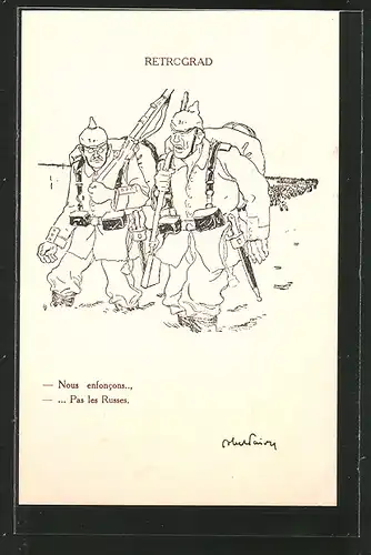 Künstler-AK Retrograd, Karikatur deutscher Infanteristen in Russland