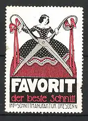 Reklamemarke Dresden, Favorit der beste Schnitt, Frau im Ballkleid mit riesiger Schere