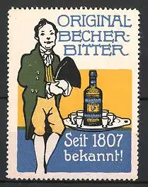Reklamemarke Original Becher-Bitter, Mann & Tablett mit Flasche Bitter-Likör
