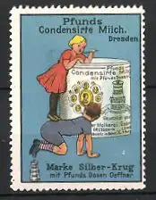 Reklamemarke Dresden, Pfunds Condensirte Milch, Marke Silber-Krug, Kinder naschen aus riesiger Packung
