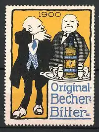 Reklamemarke Original Becher-Bitter, Männer & Flasche Bitter-Likör auf Tablett