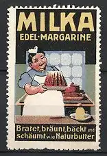 Reklamemarke Milka Edel-Margarine, Hausfrau hat Kuchen gebacken