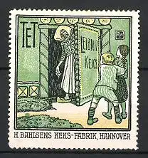 Reklamemarke Hannover, Keks-Fabrik H. Bahlsen, Hexe öffnet Hänsel und Gretel die Tür zum Lebkuchenhaus