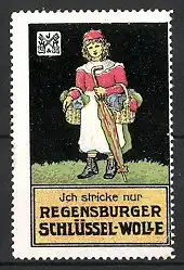 Reklamemarke Regensburg, Regensburger Schlüssel-Wolle, Mädchen mit Strickwolle & Regenschirm, schwarz