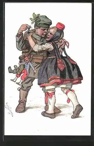 Künstler-AK Emil Beithan: Hessenkarte Nr. 8, kleiner Soldat und Mädel in Tracht