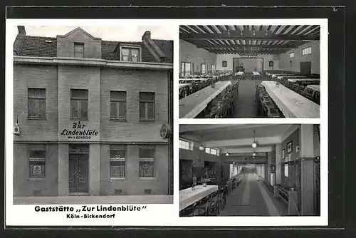 AK Köln-Bickendorf, Gasthaus zur Lindenblüte v. Schoog-Breuer, Venloer Strasse 658, Aussen- u. Innenansichten
