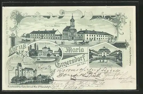 Lithographie Maria Enzersdorf, Wallfahrtskirche, Schloss Liechtenstein, Villa Tirka-Peyfuss, Pferdekutsche