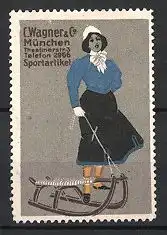 Reklamemarke München, Sportartikel C. Wagner & Co., Mädchen mit Schlitten