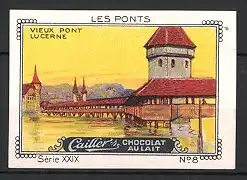 Reklamemarke Caillers Chocolat Au Lait, Les Ponts, Vieux Pont Lucerne, Brücke zu Luzern