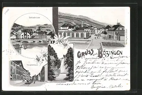 Lithographie Bözingen, Schüssbrücke, Hauptstrasse, Wasserfall Taubenlochschlucht