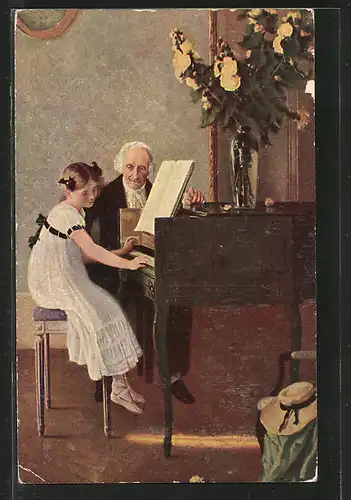 Künstler-AK Degi Nr. 1043: die erste Klavierstunde, Mädchen am Klavier