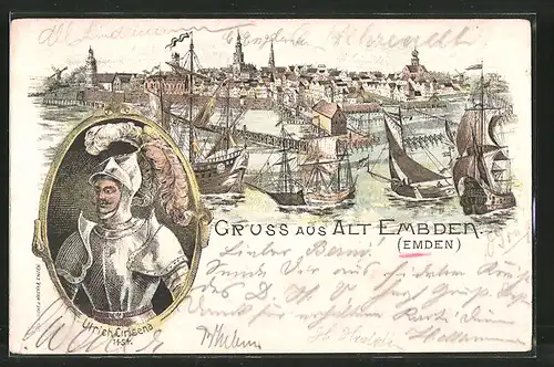 Lithographie Emden, Totalansicht mit Hafen, Portrait Ulrich Cirksena
