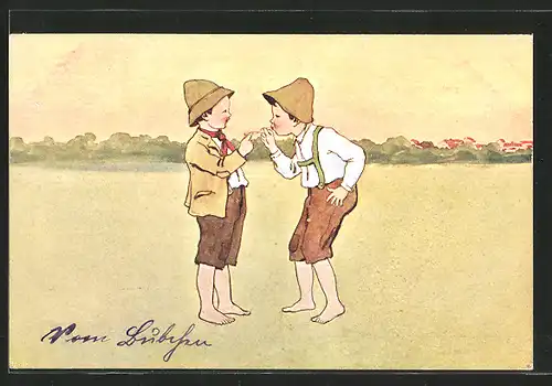 Künstler-Lithographie Brüder Kohn (B.K.W.I) Nr. 763-3: Bayerische Buben mit Zigarette
