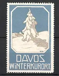 Reklamemarke Davos, Winterkurort, eingeschneiter Baum in den schweizer Alpen