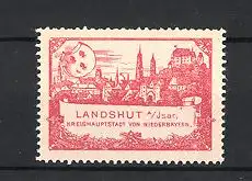 Reklamemarke Landshut, Kreishauptstadt Niederbayern, Wappen und Stadtansicht, rot