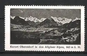 Reklamemarke Oberstdorf, Kurort in den Allgäuer Alpen, Ortsansicht mit Alpen-Panorama