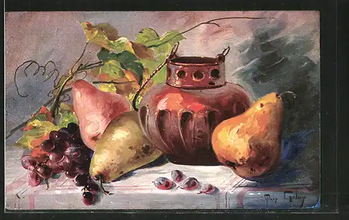Künstler-AK Mary Golay: Stilleben mit Birnen und Weintrauben