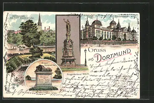 Lithographie Dortmund, Kriegerdenkmal 1866, Vehmlinde mit Petri-Nicolai-Kirche, Kriegerdenkmal 1870/71