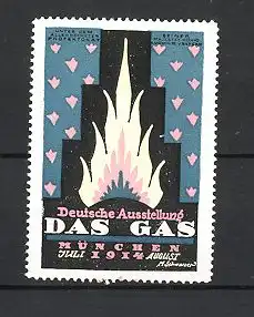 Künstler-Reklamemarke M. Schwarzer, München, Deutsche Ausstellung Das Gas 1914, Flamme und Ornamente