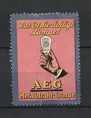 Reklamemarke Berlin, AEG Metalldraht-Lampe, Hand hält elektrische Glühlampe