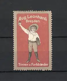 Reklamemarke Dresden, Tinten & Farbbänder Aug. Leonhardi, Schulknabe mit Tintenfass, orange