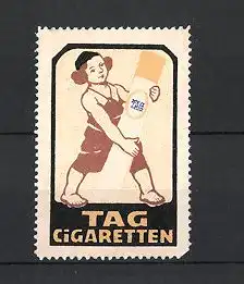 Reklamemarke Stuttgart, TAG-Zigaretten, Tabak-Arbeiter-Genossenschaft, Knabe mit riesiger Zigarette