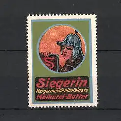 Reklamemarke Siegerin Margarine & Molkerei-Butter, Kriegerin mit Helm & Schild