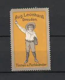 Reklamemarke Dresden, Tinten & Farbbänder Aug. Leonhardi, Knabe mit Tintenfass, gelb