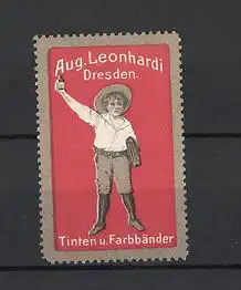 Reklamemarke Dresden, Tinten & Farbbänder Aug. Leonhardi, Knabe mit Tintenfass, rot