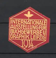Künstler-Reklamemarke Paul Schneider, Leipzig Int. Ausstellung für Buchgewerbe und Graphik 1914, rot-gelb