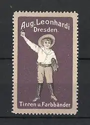 Reklamemarke Dresden, Tinten & Farbbänder, Aug. Leonhardi, Schulknabe mit Tasche & Tintenfass, lila