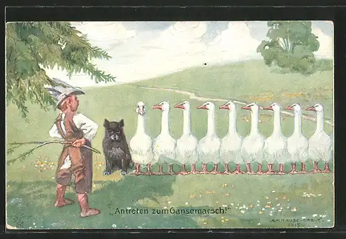 Künstler-AK Wohlgemuth & Lissner, Primus-Postkarte No. 1061, Antreten zum Gänsemarsch