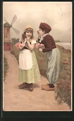Künstler-AK Meissner & Buch (M&B) Nr. 1437: Ein glückliches Paar, niederländische Kinder und Windmühle