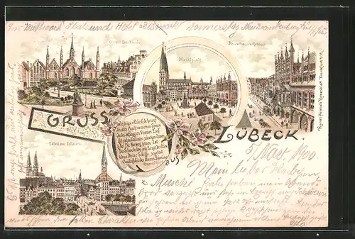 Lithographie Lübeck, Breitestrasse und Rathaus, Marktplatz, Geibel-Denkmal