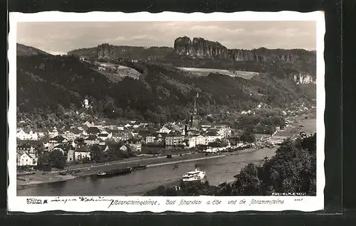 Foto-AK Walter Hahn, Dresden, Nr. 4021: Bad Schandau, Elbe und Schrammsteine